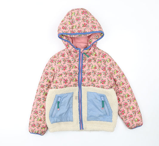 Mini Boden Girls Pink Floral Hooded Puffer Jacket 7-8 Years Quilted Sherpa