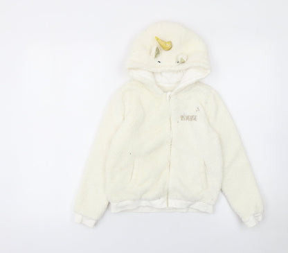 Reveuse Girls Ivory Unicorn Hooded Fleece Jacket Age 8 Long Sleeve Zip-Up