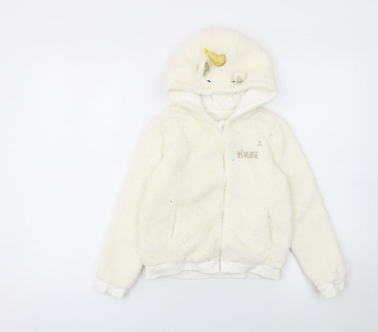 Reveuse Girls Ivory Unicorn Hooded Fleece Jacket Age 8 Long Sleeve Zip-Up
