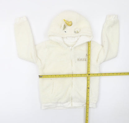 Reveuse Girls Ivory Unicorn Hooded Fleece Jacket Age 8 Long Sleeve Zip-Up