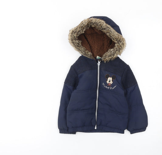 Disney Baby Unisex Blue 12-18 Months Mickey Mouse Puffer Jacket with Faux Fur Hood