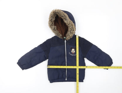 Disney Baby Unisex Blue 12-18 Months Mickey Mouse Puffer Jacket with Faux Fur Hood