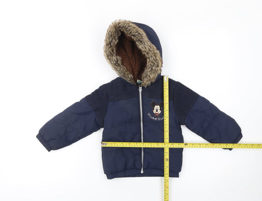 Disney Baby Unisex Blue 12-18 Months Mickey Mouse Puffer Jacket with Faux Fur Hood