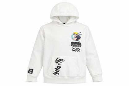 Front view of Naruto Shippuden boys’ white hoodie 9-10 years pullover anime graphic fleece