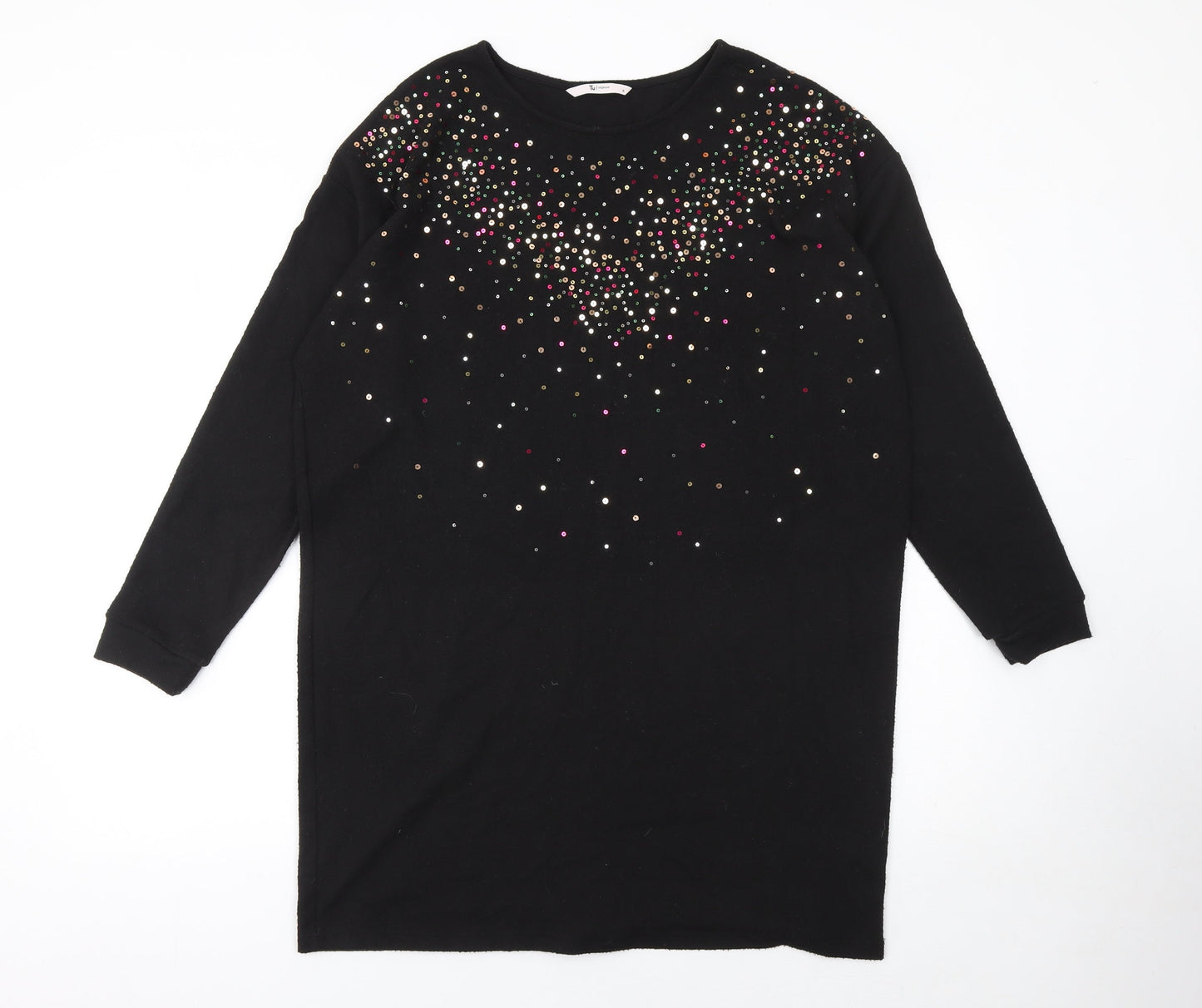 Tu Women Black Sequin Long Sleeve Shift Dress Size 16 Party Knit
