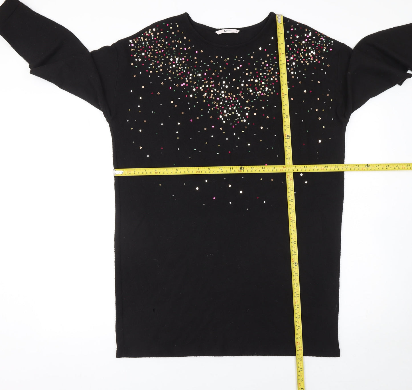 Tu Women Black Sequin Long Sleeve Shift Dress Size 16 Party Knit