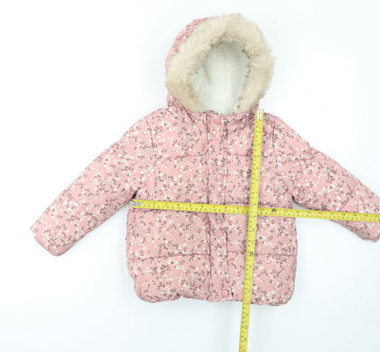 George Girls Pink Floral Hooded Puffer Coat 2-3 Years - Lined Winter Jacket