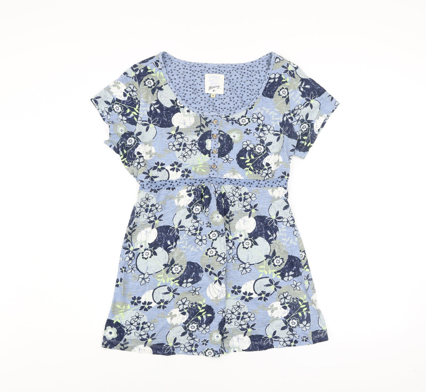 Mantaray Women’s Blue Floral Cotton Tunic Blouse Size 12