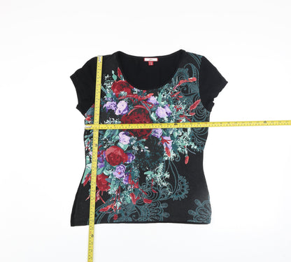 Joe Browns Womens Black Floral Print Short Sleeve Viscose T-Shirt Size 12