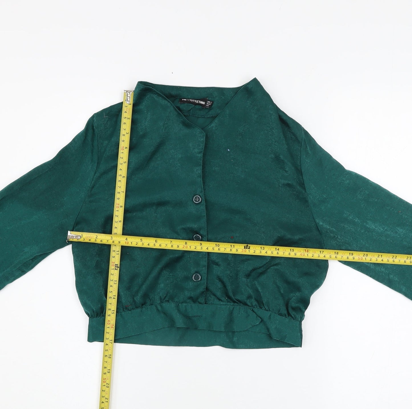 PrettyLittleThing Women's Green Cropped Satin Blouse UK 12