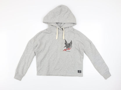 Superdry Womens Grey Hooded Pullover Hoodie UK 6 Eagle Print