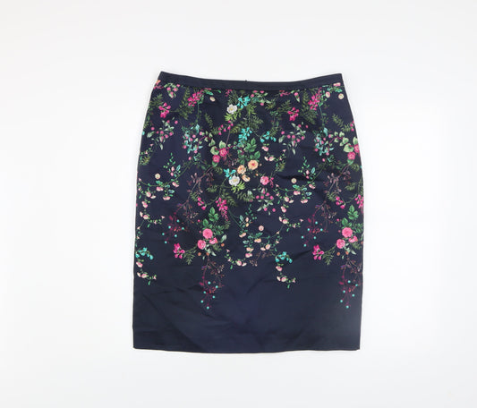 Monsoon Women's Blue Floral Pencil Skirt Size 14 Knee Length Cotton