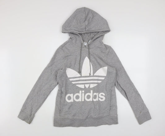 Adidas Women Grey Hooded Pullover Sweatshirt Size 6 Logo Print Cotton