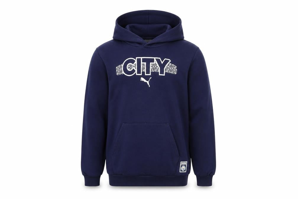 Front view of Puma boys’ blue 13-14 years pullover hoodie manchester city graphic