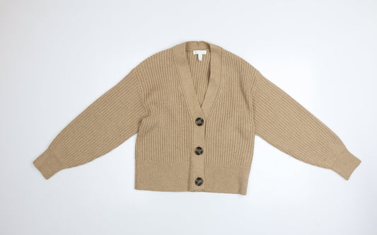 H&M Women Beige Wool Blend V-Neck Button Cardigan Size S