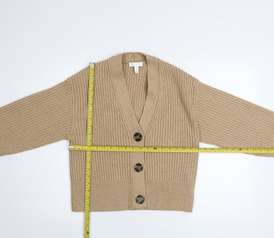 H&M Women Beige Wool Blend V-Neck Button Cardigan Size S