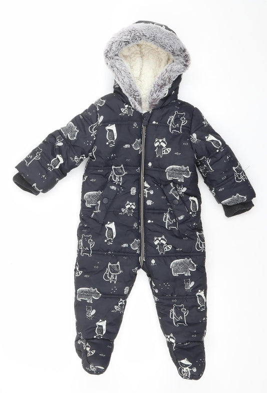 George Unisex Baby Black Animal Print Puffer Snowsuit 9-12 Months Hooded