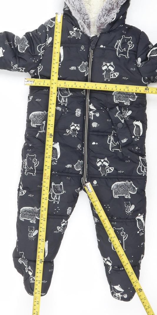 George Unisex Baby Black Animal Print Puffer Snowsuit 9-12 Months Hooded