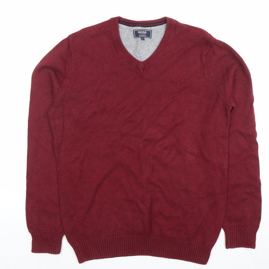 Maine New England Men's Red V-Neck Cotton Blend Jumper Size M