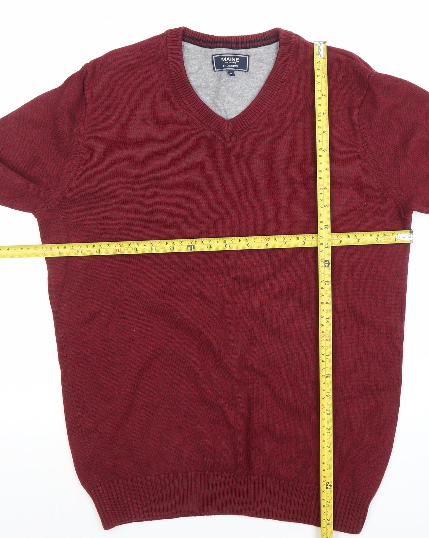 Maine New England Men's Red V-Neck Cotton Blend Jumper Size M