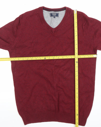 Maine New England Men's Red V-Neck Cotton Blend Jumper Size M