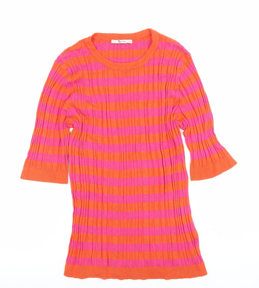 Tu Women Orange Pink Striped Ribbed Knit 3/4 Sleeve Top Size 12