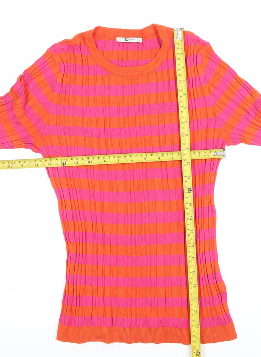 Tu Women Orange Pink Striped Ribbed Knit 3/4 Sleeve Top Size 12