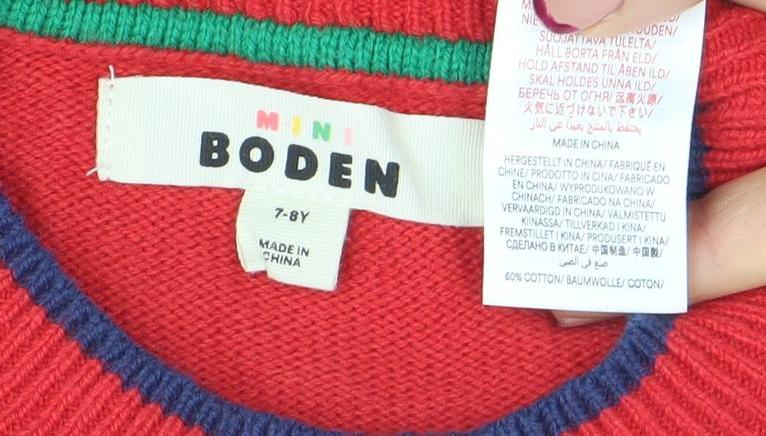 Mini Boden Girls Red Christmas Jumper Size 7-8Y Cotton Crew Neck