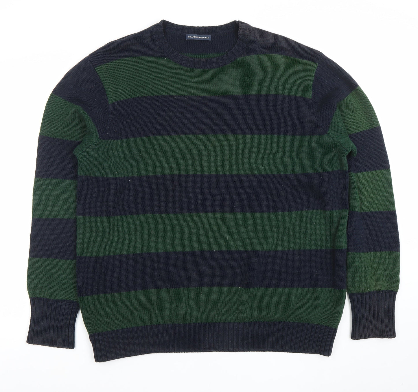 Brandy Melville Women's Green Navy Striped Cotton Jumper M