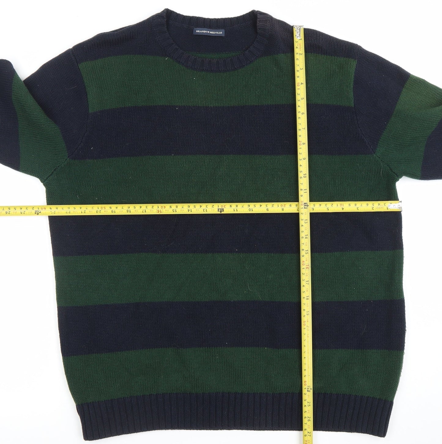 Brandy Melville Women's Green Navy Striped Cotton Jumper M