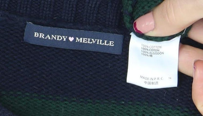 Brandy Melville Women's Green Navy Striped Cotton Jumper M