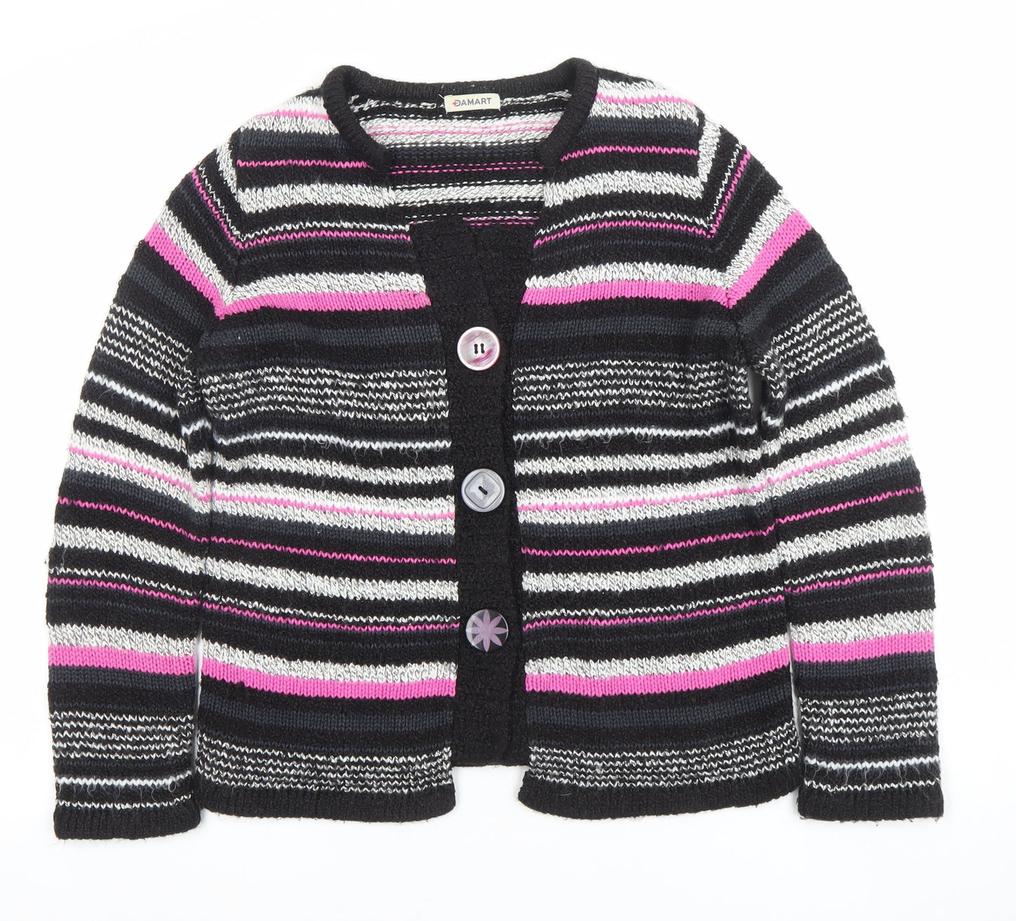 Damart Womens Black Pink Striped Cardigan Size S 10/12 Acrylic Cotton Knit