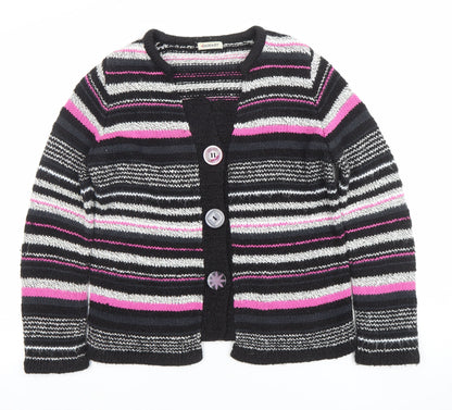 Damart Womens Black Pink Striped Cardigan Size S 10/12 Acrylic Cotton Knit