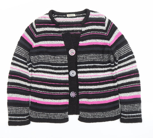 Damart Womens Black Pink Striped Cardigan Size S 10/12 Acrylic Cotton Knit