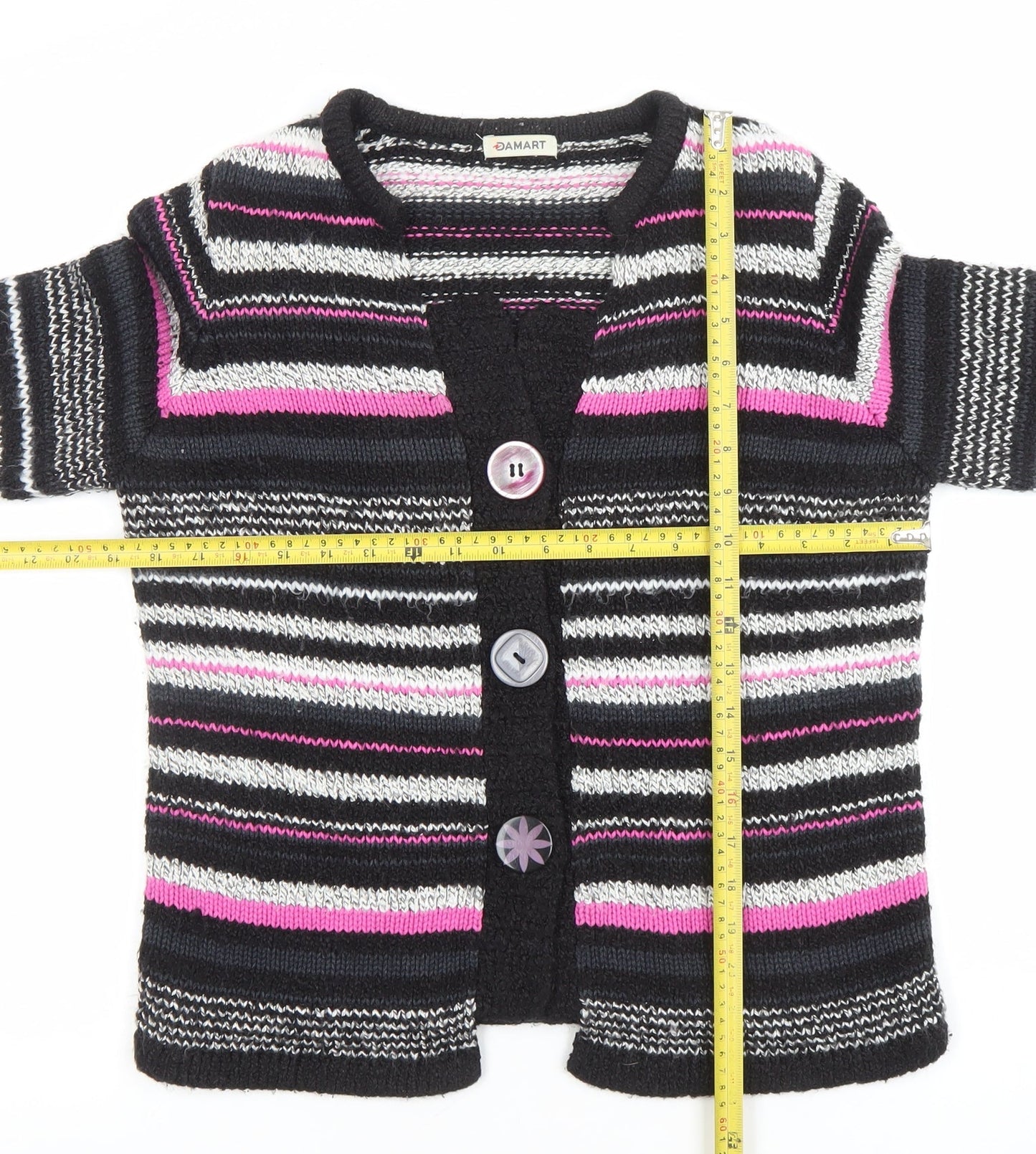 Damart Womens Black Pink Striped Cardigan Size S 10/12 Acrylic Cotton Knit