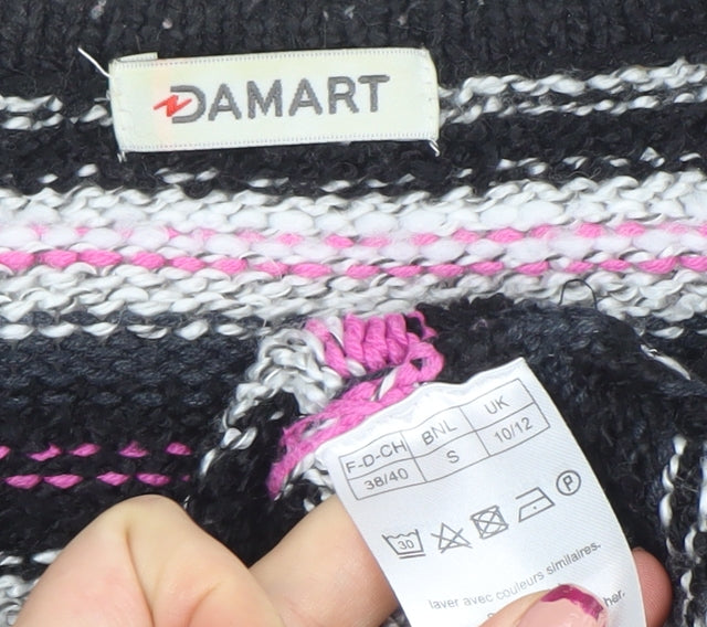 Damart Womens Black Pink Striped Cardigan Size S 10/12 Acrylic Cotton Knit
