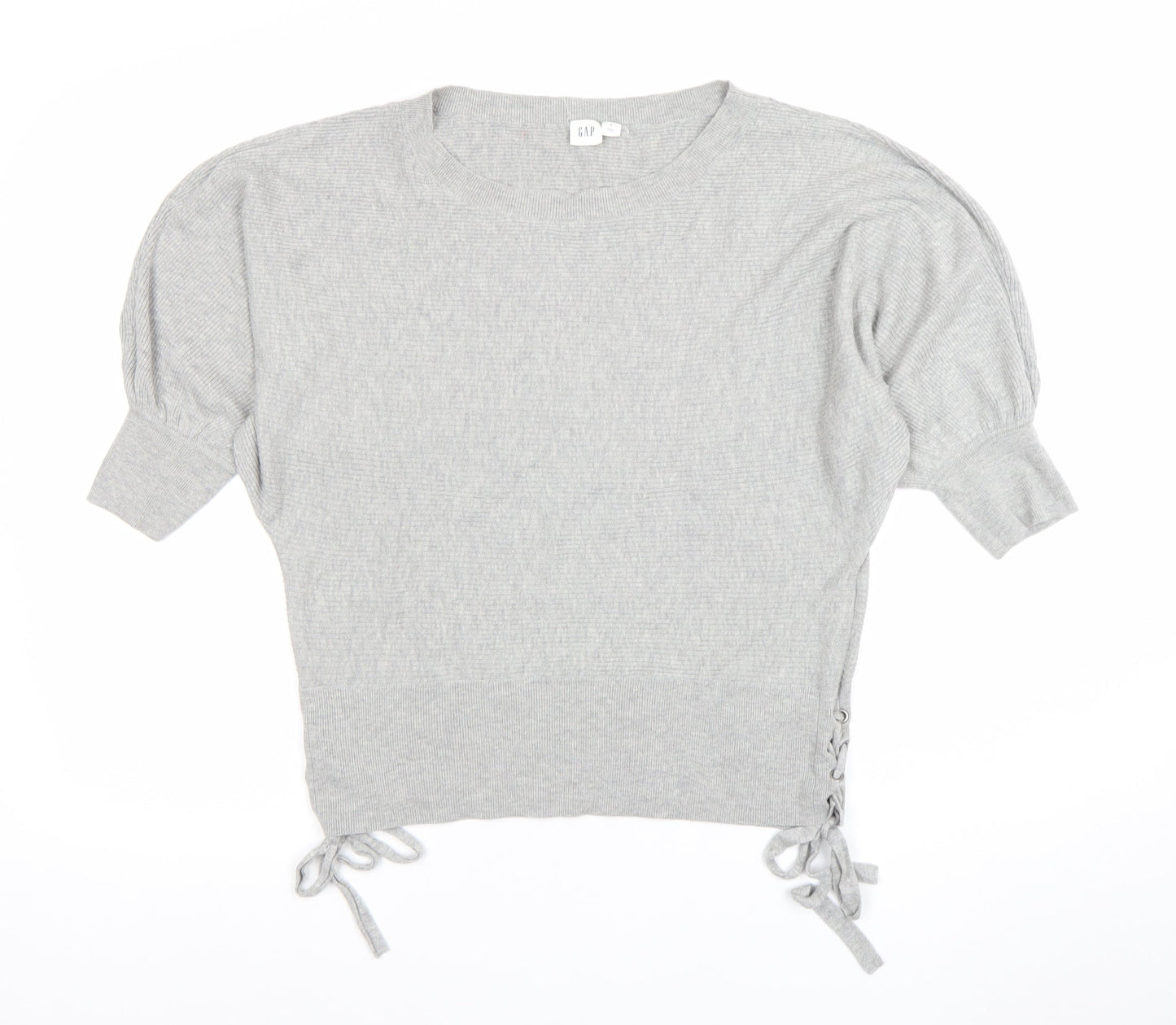 GAP Women’s Grey Cropped Knit Blouse S Short Sleeve Tie Detail