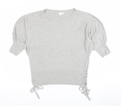 GAP Women’s Grey Cropped Knit Blouse S Short Sleeve Tie Detail