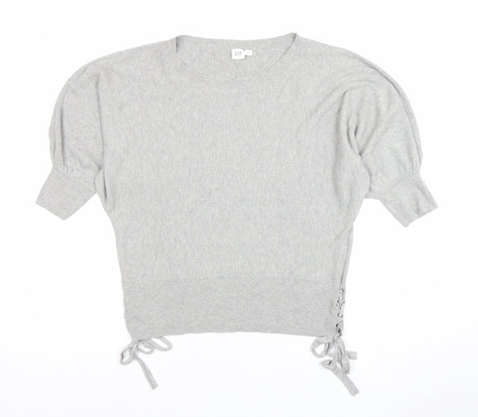 GAP Women’s Grey Cropped Knit Blouse S Short Sleeve Tie Detail