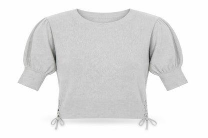 Gap Women’s Grey Cropped Knit Blouse S Short Sleeve Tie Detail