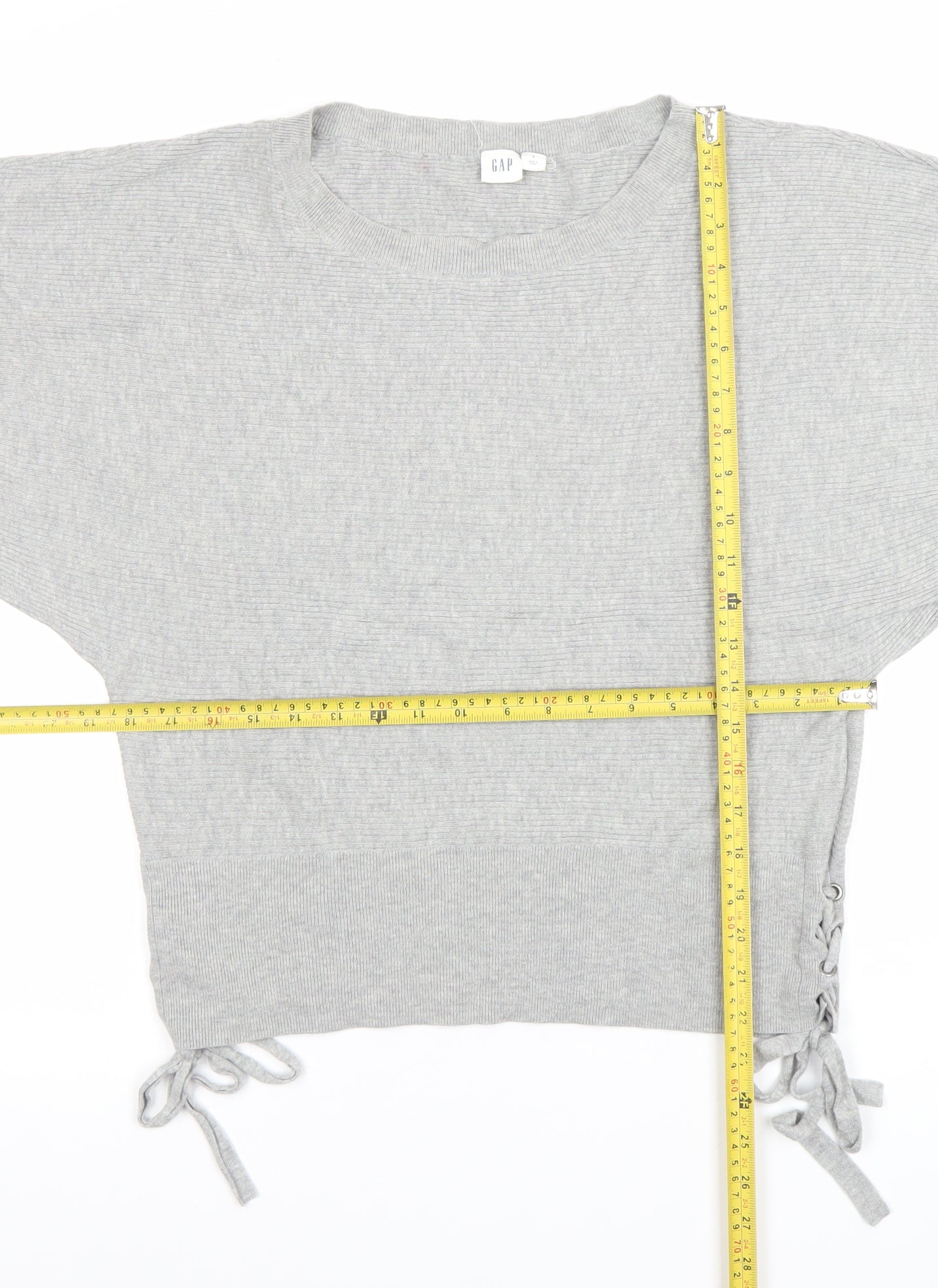 GAP Women’s Grey Cropped Knit Blouse S Short Sleeve Tie Detail