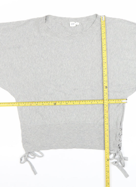 GAP Women’s Grey Cropped Knit Blouse S Short Sleeve Tie Detail