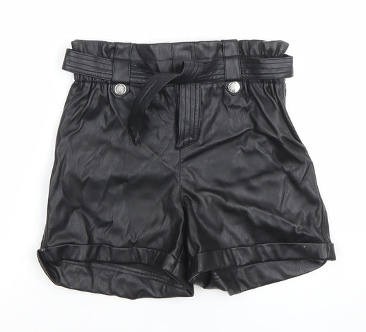 River Island Girls Black Faux Leather Paperbag Belted Shorts 12 Years