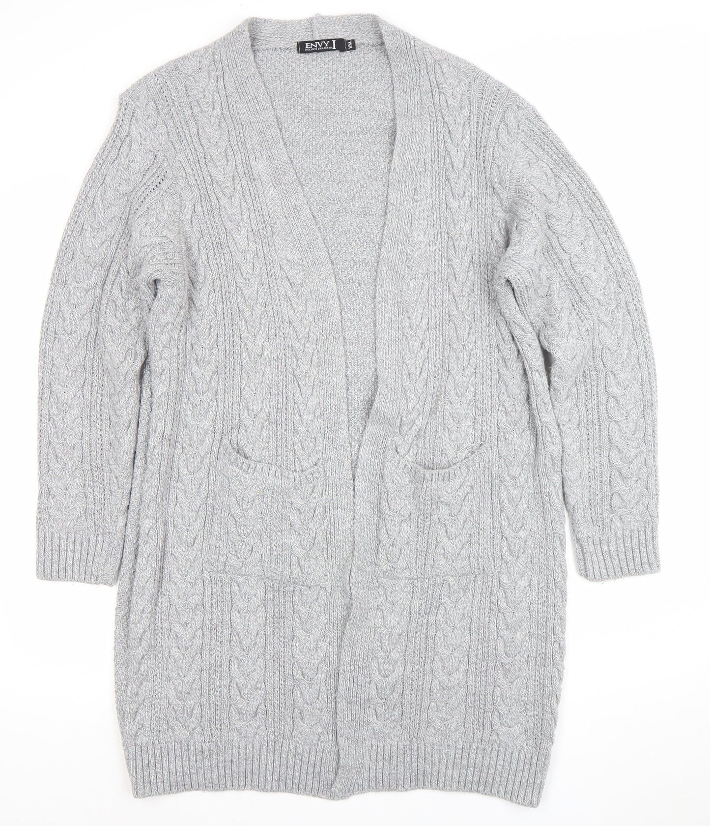 Envy Womens Grey 2XL Cable Knit Longline Open Cardigan