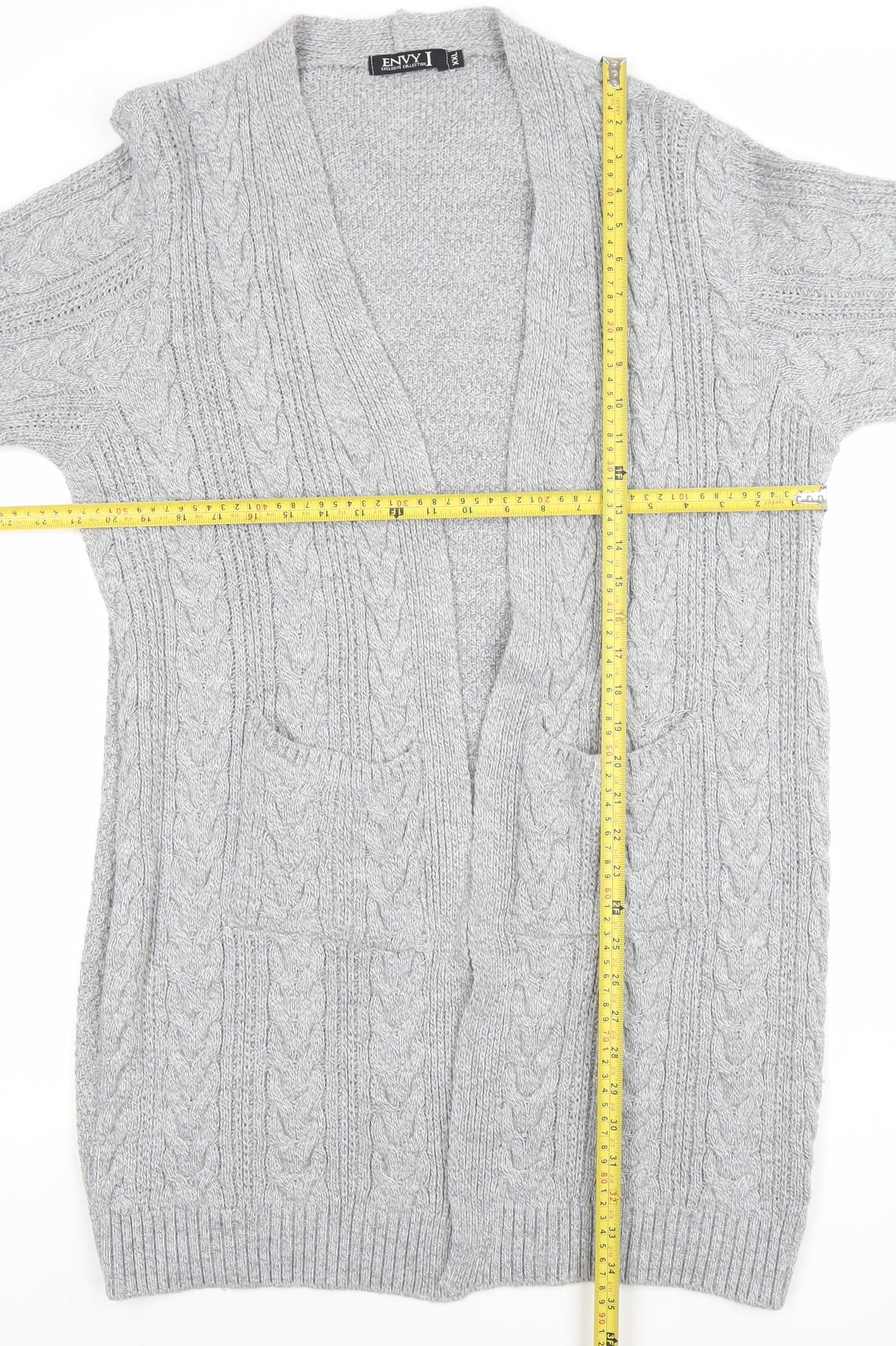 Envy Womens Grey 2XL Cable Knit Longline Open Cardigan