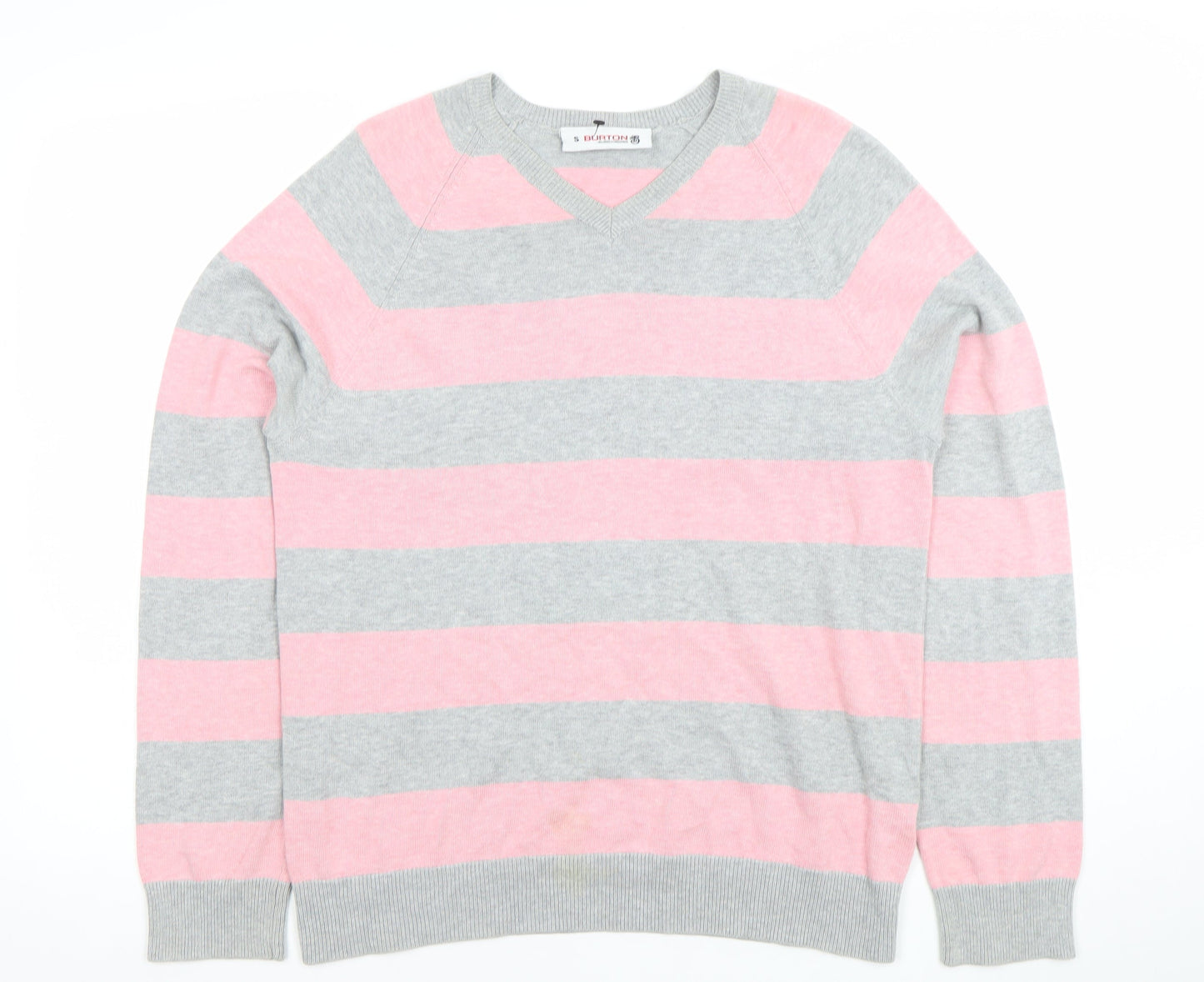 Burton Men’s Grey Pink Striped Cotton V-Neck Jumper Size S