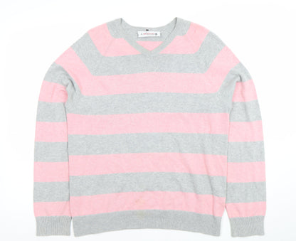 Burton Men’s Grey Pink Striped Cotton V-Neck Jumper Size S