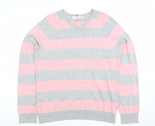 Burton Men’s Grey Pink Striped Cotton V-Neck Jumper Size S