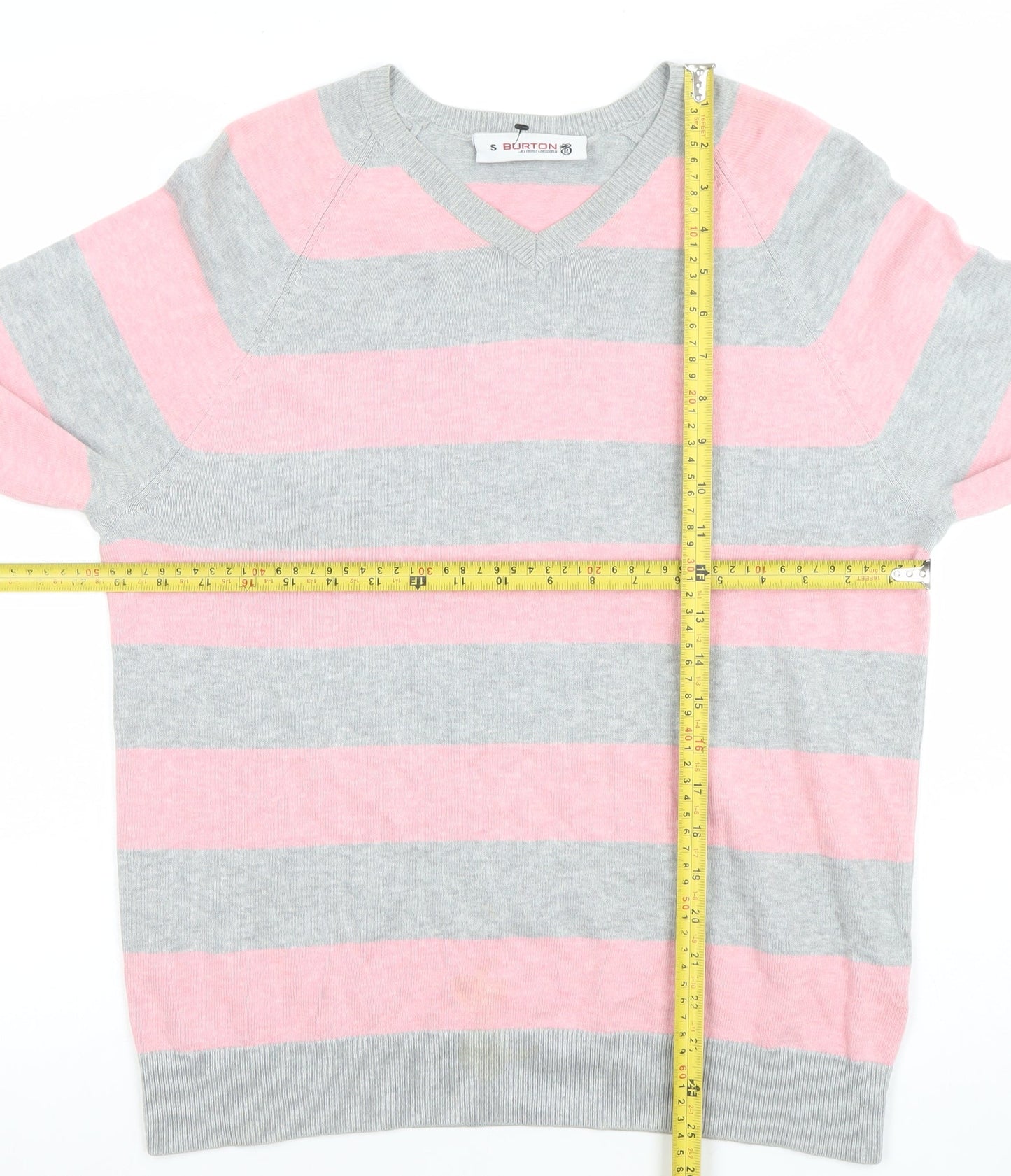 Burton Men’s Grey Pink Striped Cotton V-Neck Jumper Size S