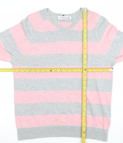 Burton Men’s Grey Pink Striped Cotton V-Neck Jumper Size S